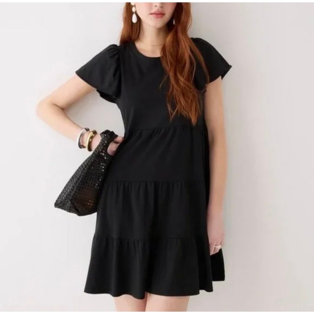 J.Crew Knit Broken-In Jersey Tiered Mini Dress Black Womens Size Large Babydoll